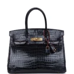 Best Quality Hermès Replicas Birkin 30 Bleu Marine Rouge H Contour Shiny Porosus Crocodile GHW - Exotic Creations
