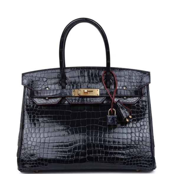 Best Quality Hermès Replicas Birkin 30 Bleu Marine Rouge H Contour Shiny Porosus Crocodile GHW - Exotic Creations