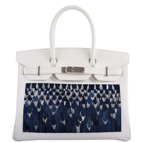 Best Quality Hermès Replicas Birkin 30 White Epsom Custom Feather Panel & PHW - Exotic Creations