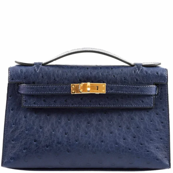 Best Quality Hermès Replicas JPG Kelly Pochette Blue Iris Ostrich GHW - Exotic Creations