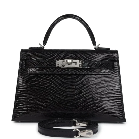 Best Quality Hermès Replicas Kelly 20 Black Varanus Niloticus Lizard PHW - Exotic Creations