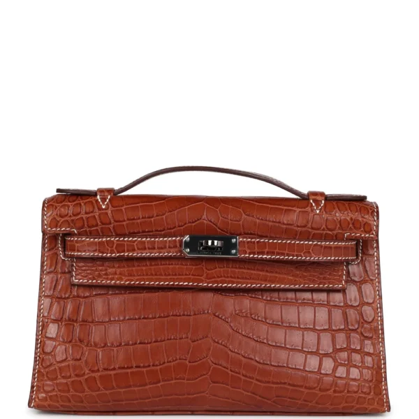 Best Quality Hermès Replicas Kelly Pochette Fauve Matte Niloticus Crocodile RHW - Exotic Creations