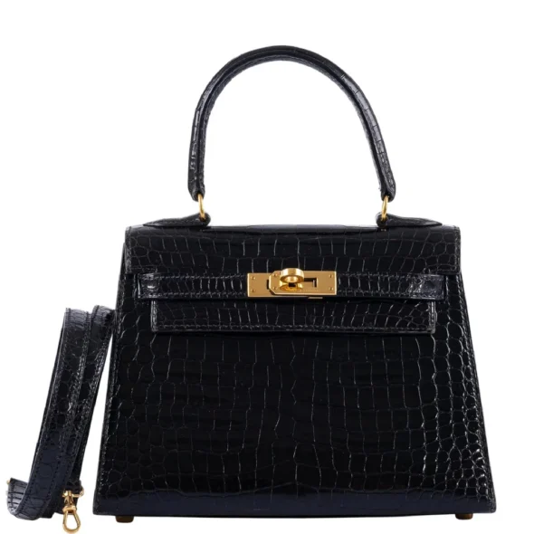 Best Quality Hermès Replicas Mini Kelly 20 Shiny Black Noir Porosus Crocodile GHW - Exotic Creations