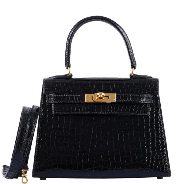Best Quality Hermès Replicas Mini Kelly 20 Shiny Black Noir Porosus Crocodile GHW - Exotic Creations