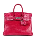 Artisan Grade Hermès Dupe Birkin 25 Rose Mexico Shiny Porosus Crocodile PHW - Exotic Creations