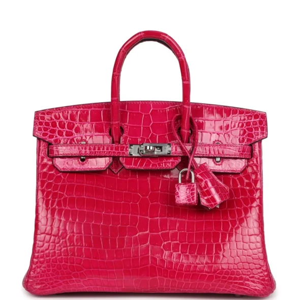 Artisan Grade Hermès Dupe Birkin 25 Rose Mexico Shiny Porosus Crocodile PHW - Exotic Creations