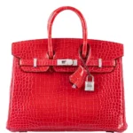 Artisan Grade Hermès Dupe Birkin 25 Rouge de Coeur Shiny Porosus Crocodile 18K White GHW & Diamonds - Exotic Creations