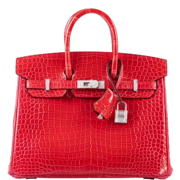 Artisan Grade Hermès Dupe Birkin 25 Rouge de Coeur Shiny Porosus Crocodile 18K White GHW & Diamonds - Exotic Creations