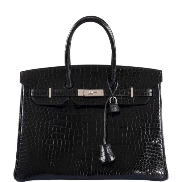 Artisan Grade Hermès Dupe Birkin 35 Black Shiny Porosus Crocodile PHW - Exotic Creations