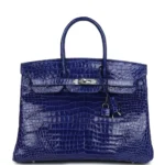 Artisan Grade Hermès Dupe Birkin 35 Bleu Electric Shiny Porosus Crocodile PHW - Exotic Creations