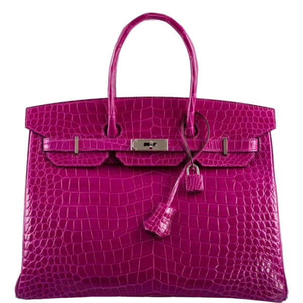 Artisan Grade Hermès Dupe Birkin 35 Rose Scheherazade Shiny Porosus Crocodile PHW - Exotic Creations