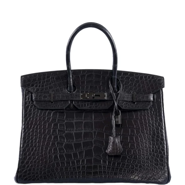 Artisan Grade Hermès Dupe Birkin 35 So Black Matte Alligator Black PVD HW - Exotic Creations