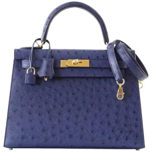 Artisan Grade Hermès Dupe Kelly 28 Blue Iris Ostrich BGHW - Exotic Creations
