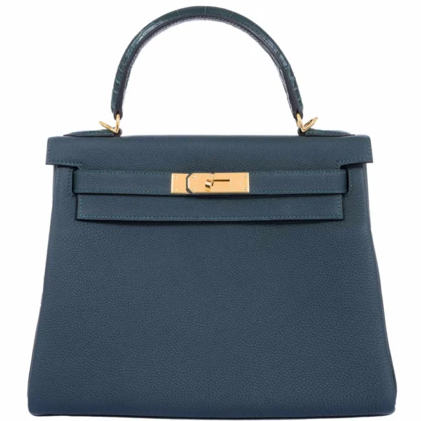 Artisan Grade Hermès Dupe Kelly 28 Touch Vert Cypress Togo & Alligator GHW - Exotic Creations