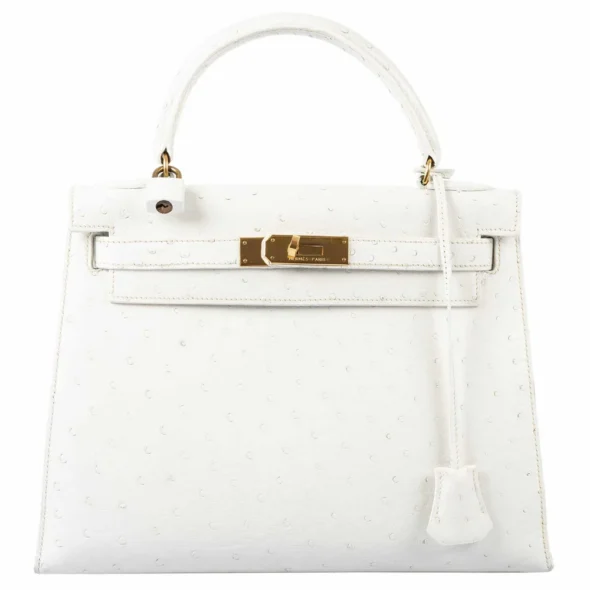 Artisan Grade Hermès Dupe Kelly 28 White Ostrich GHW - Exotic Creations