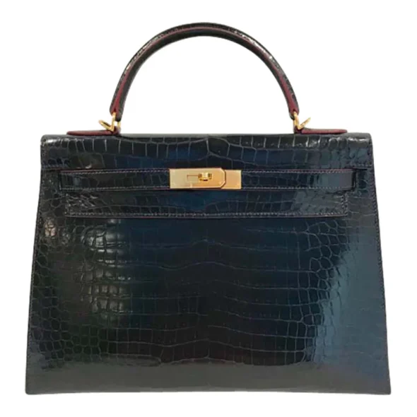 Artisan Grade Hermès Dupe Kelly 32 Bleu Marine Crocodile GHW - Exotic Creations