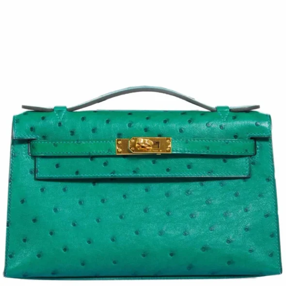 Artisan Grade Hermès Dupe Kelly JPG Pochette Vert Vertigo Ostrich GHW - Exotic Creations