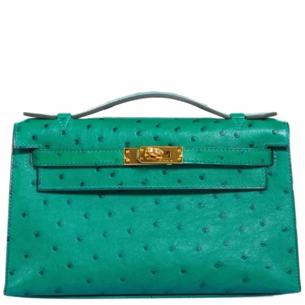 Artisan Grade Hermès Dupe Kelly JPG Pochette Vert Vertigo Ostrich GHW - Exotic Creations