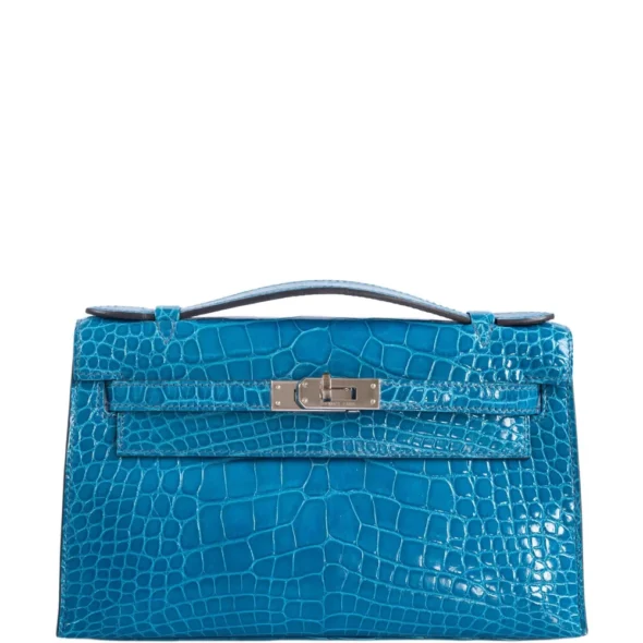 Artisan Grade Hermès Dupe Kelly Pochette Blue Izmir Shiny Alligator PHW - Exotic Creations
