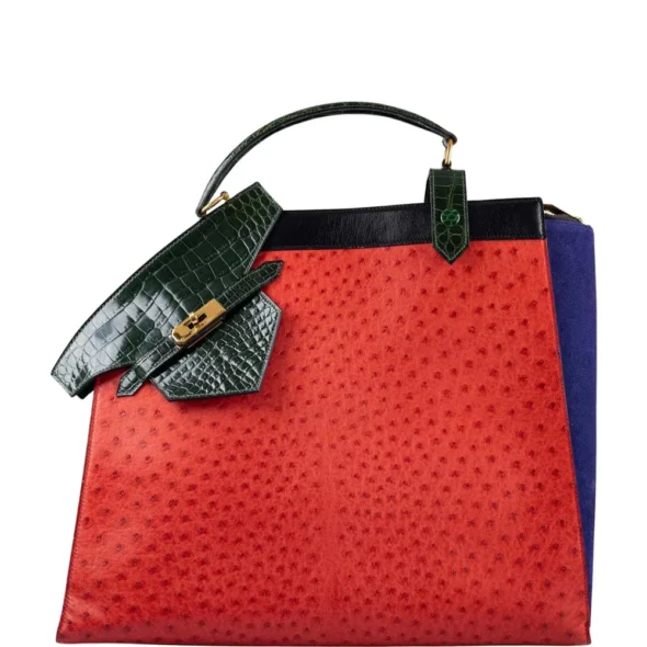 Artisan Grade Hermès Dupe Sac Symbiose Rouge Vif Ostrich, Doblis Suede, Box, & Himalaya Porosus Crocodile GHW - Exotic Creations