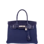 Artisan Grade Hermès Dupe Touch Birkin 30 Bleu Encre Togo & Shiny Niloticus Crocodile PHW - Exotic Creations