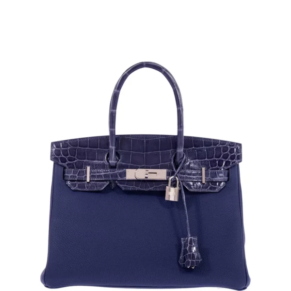 Artisan Grade Hermès Dupe Touch Birkin 30 Bleu Encre Togo & Shiny Niloticus Crocodile PHW - Exotic Creations