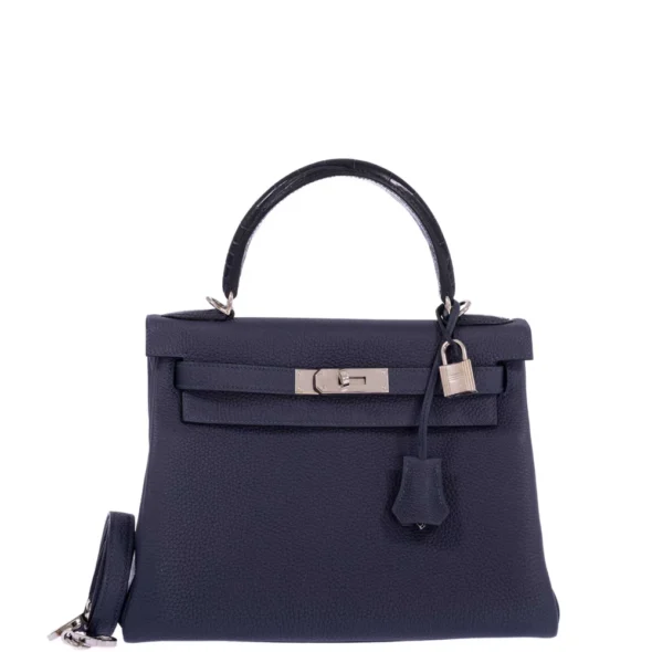 Best Hermès-Inspired Bags 2025 Kelly 28 Retourne Touch Bleu Nuit Togo & Bleu Marine Alligator PHW - Exotic Creations