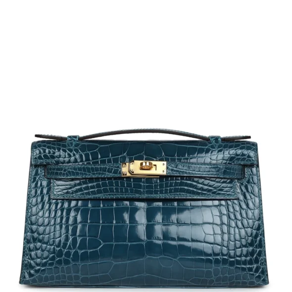 Best Hermès-Inspired Bags 2025 Kelly Pochette Vert Bosphore Shiny Alligator GHW - Exotic Creations