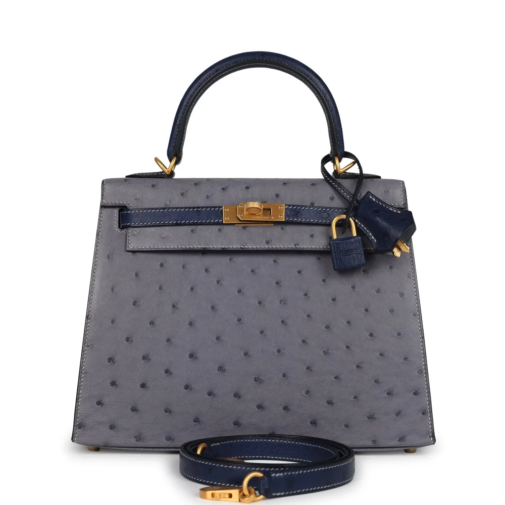 Best Hermès-Inspired Bags 2025 HSS Kelly 25 Gris Agate & Bleu Iris Ostrich BGHW - Exotic Creations