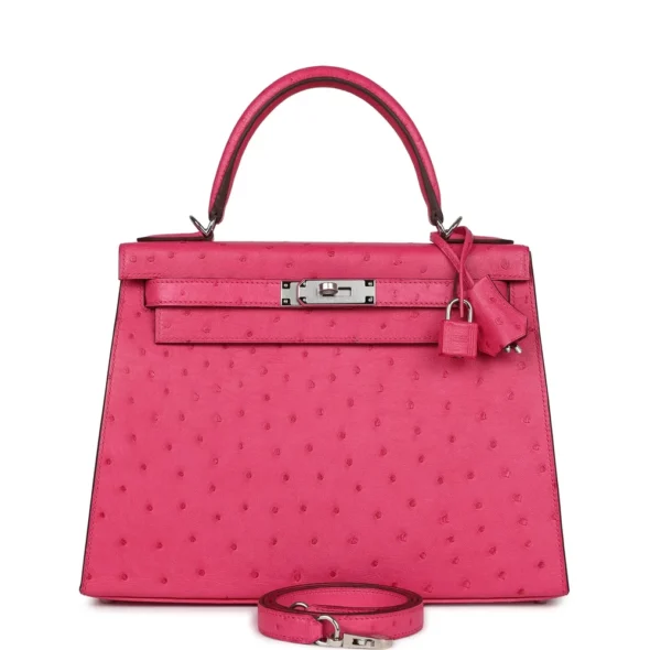 Best Hermès-Inspired Bags 2025 Kelly 28 Rose Tyrien Ostrich PHW - Exotic Creations