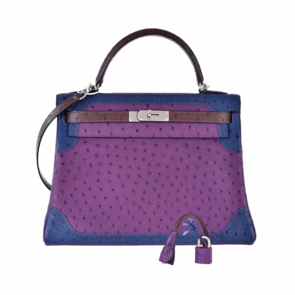 Best Replica Hermès Kelly 32 Tri Color Ostrich Violine Blue De Malt & Marron PHW - Exotic Creations