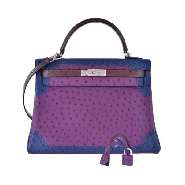 Best Replica Hermès Kelly 32 Tri Color Ostrich Violine Blue De Malt & Marron PHW - Exotic Creations