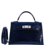 Best Replica Hermès Mini Kelly 20 II Blue Sapphire Porosus Crocodile White GHW Diamonds - Exotic Creations