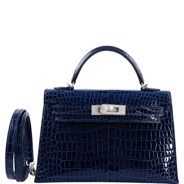 Best Replica Hermès Mini Kelly 20 II Blue Sapphire Porosus Crocodile White GHW Diamonds - Exotic Creations