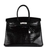 Hermès Dupe Birkin 35 Black Shiny Porosus Crocodile 18k White Gold Diamond HW - Exotic Creations