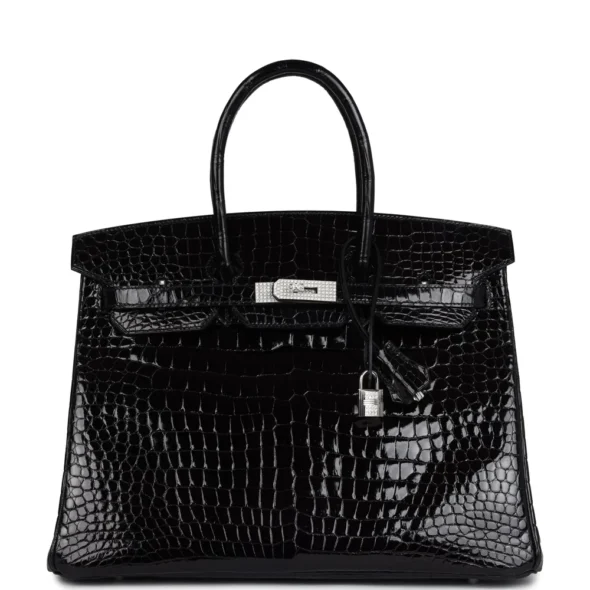 Hermès Dupe Birkin 35 Black Shiny Porosus Crocodile 18k White Gold Diamond HW - Exotic Creations