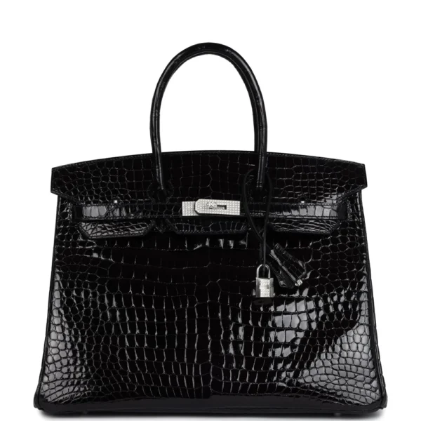 Hermès Dupe Birkin 35 Black Shiny Porosus Crocodile 18k White Gold Diamond HW - Exotic Creations