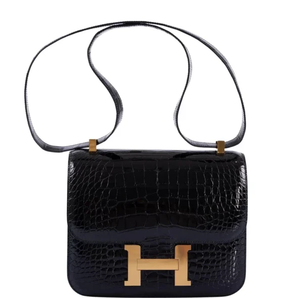 Hermès Dupe Constance 24 Verso Shiny Black Alligator & Rouge H GHW - Exotic Creations
