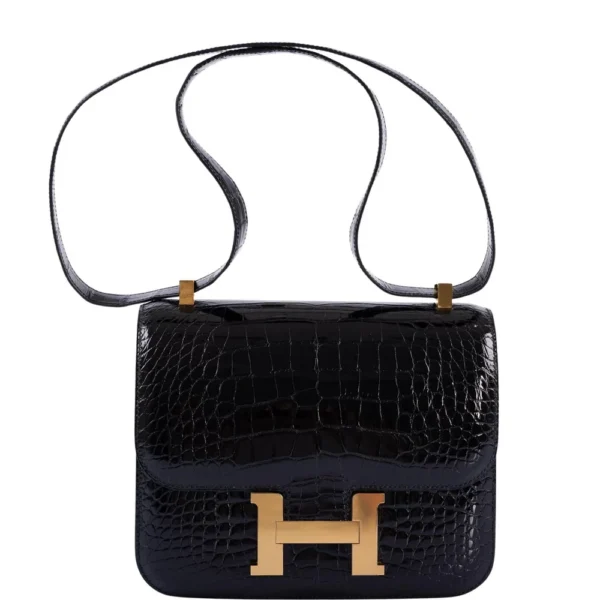Hermès Dupe Constance 24 Verso Shiny Black Alligator & Rouge H GHW - Exotic Creations