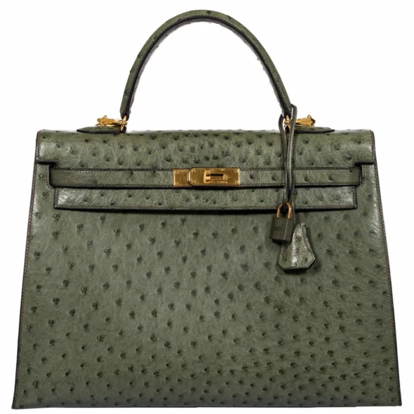 Hermès Dupe Kelly 35 Vert Olive Ostrich GHW - Exotic Creations