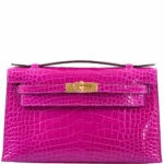 Hermès Dupe Kelly Mini Pochette Rose Scheherazade Shiny Alligator GHW - Exotic Creations