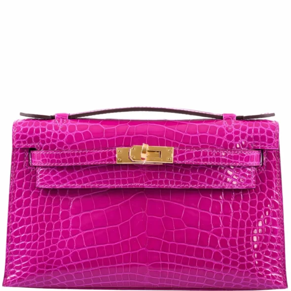 Hermès Dupe Kelly Mini Pochette Rose Scheherazade Shiny Alligator GHW - Exotic Creations