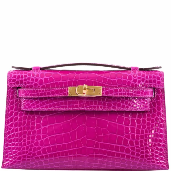 Hermès Dupe Kelly Mini Pochette Rose Scheherazade Shiny Alligator GHW - Exotic Creations