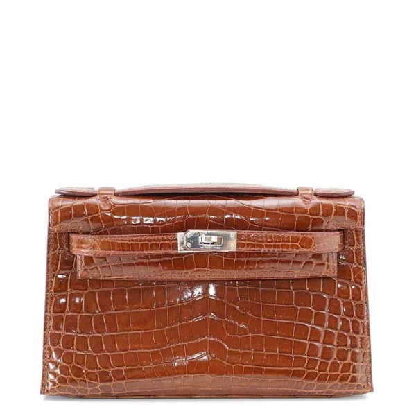 Hermès Dupe Kelly Pochette Mini Crocodile Miel PHW - Exotic Creations