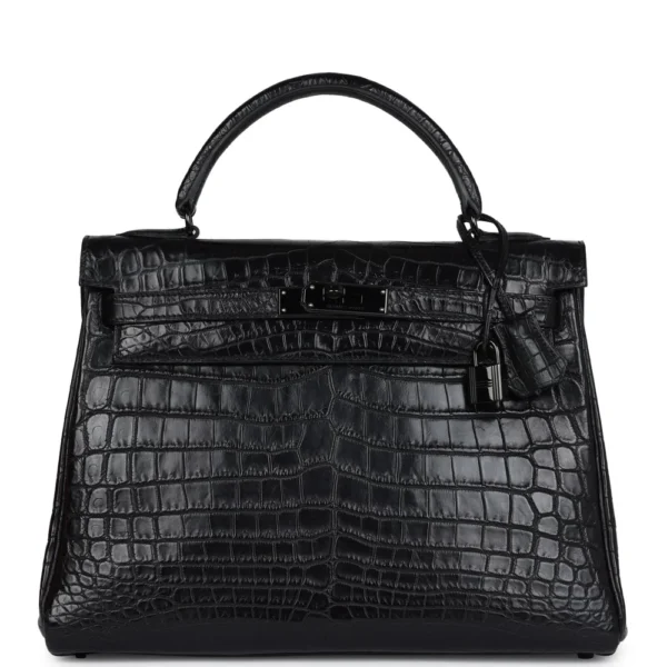Hermès Dupe Kelly Retourne 32 So Black Matte Niloticus Crocodile Black HW - Exotic Creations