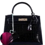 Hermès Dupe Verso Kelly 28 Shiny Bleu Marine Niloticus Crocodile & Rose Scheherazade PHW - Exotic Creations