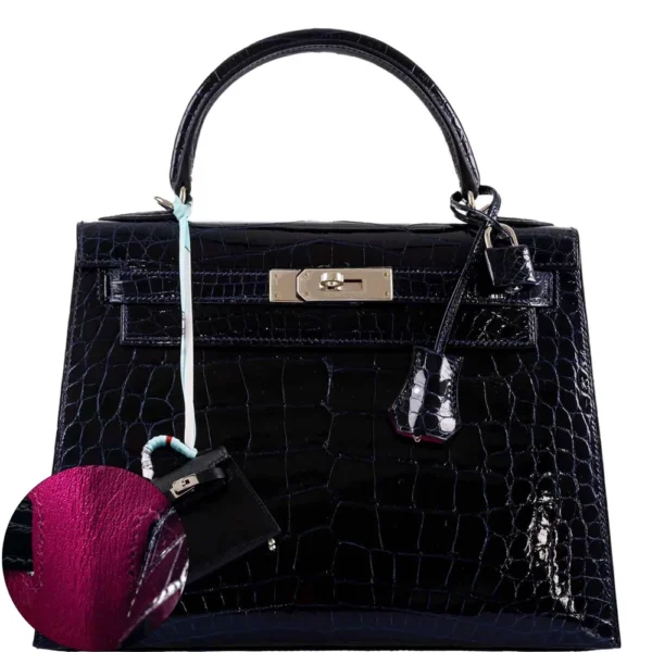 Hermès Dupe Verso Kelly 28 Shiny Bleu Marine Niloticus Crocodile & Rose Scheherazade PHW - Exotic Creations