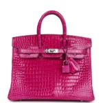 Hermès-Inspired Designer Dupes Birkin 25 Rose Sheherazade Shiny Porosus Crocodile PHW - Exotic Creations