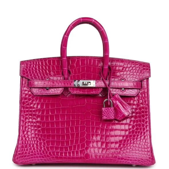 Hermès-Inspired Designer Dupes Birkin 25 Rose Sheherazade Shiny Porosus Crocodile PHW - Exotic Creations
