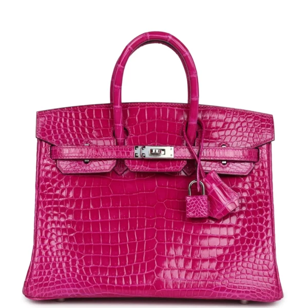 Hermès-Inspired Designer Dupes Birkin 25 Rose Sheherazade Shiny Porosus Crocodile PHW - Exotic Creations